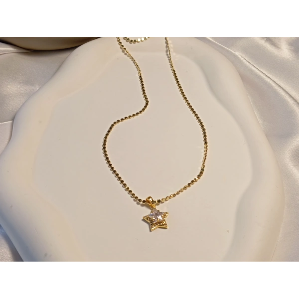 316 L Çelik Gold Yıldız Baget Zirkon Taşlı Özel Zincirli Kolye