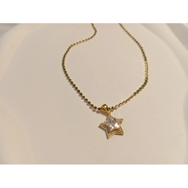 316 L Çelik Gold Yıldız Baget Zirkon Taşlı Özel Zincirli Kolye