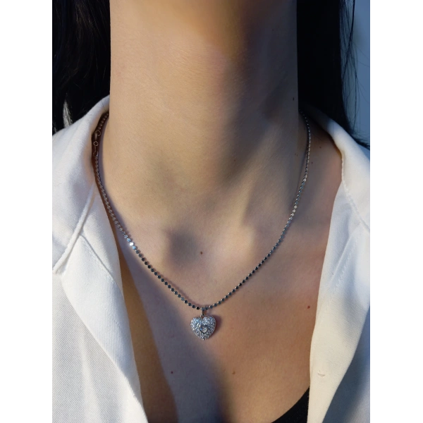 Gümüş Renk Özel Zincir Detaylı Zirkon Taşlı Çelik Kolye