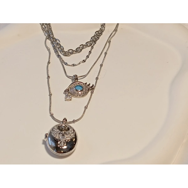 Çelik Katmanlı Zincir Detaylı Zirkon Taşlı Göz ve Oval Madalyon Kombin Kolye