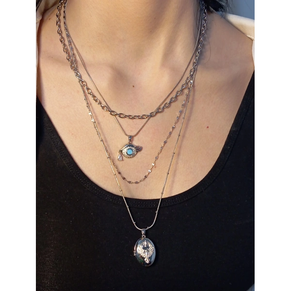 Çelik Katmanlı Zincir Detaylı Zirkon Taşlı Göz ve Oval Madalyon Kombin Kolye