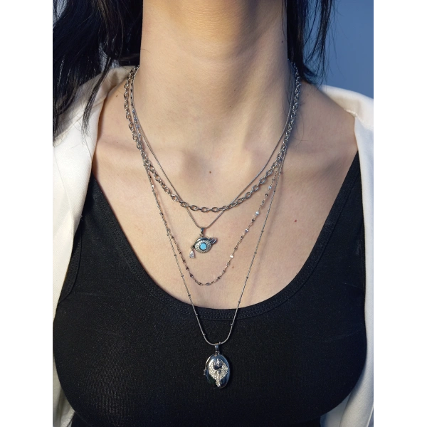 Çelik Katmanlı Zincir Detaylı Zirkon Taşlı Göz ve Oval Madalyon Kombin Kolye