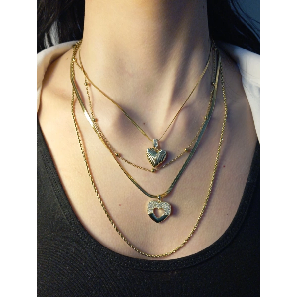 14 K Kaplama Kalp Detaylı Zirkon Taşlı 4Lü Kolye Seti