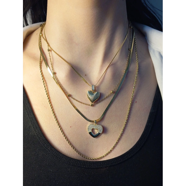 14 K Kaplama Kalp Detaylı Zirkon Taşlı 4Lü Kolye Seti