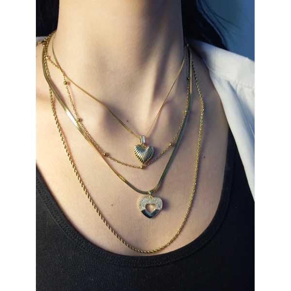 14 K Kaplama Kalp Detaylı Zirkon Taşlı 4Lü Kolye Seti