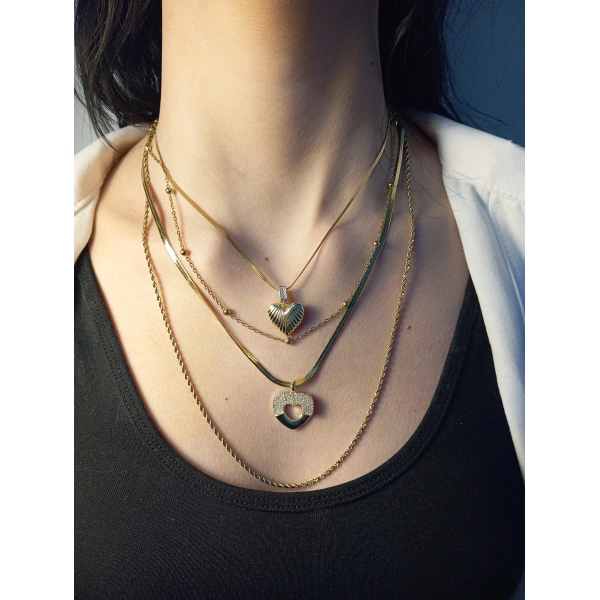 14 K Kaplama Kalp Detaylı Zirkon Taşlı 4Lü Kolye Seti