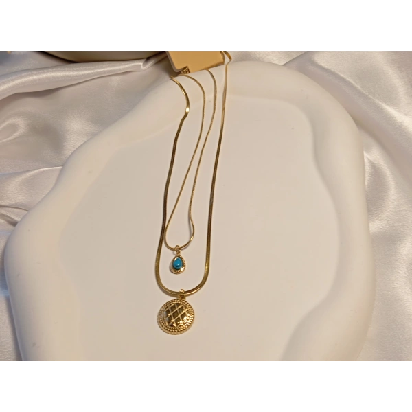 Antik Desenli Madalyon ve Turkuaz Taş Detaylı 316 L Çelik Kolye