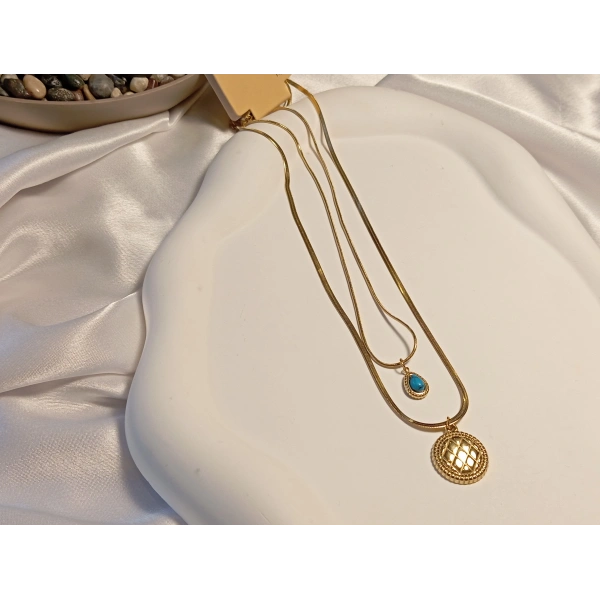 Antik Desenli Madalyon ve Turkuaz Taş Detaylı 316 L Çelik Kolye