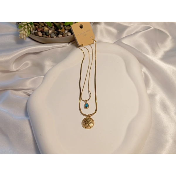 Antik Desenli Madalyon ve Turkuaz Taş Detaylı 316 L Çelik Kolye