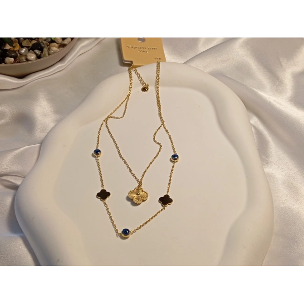 Nazar Boncuklu Küçük Yonca Figürlü 14 K Kaplama Çelik Kolye