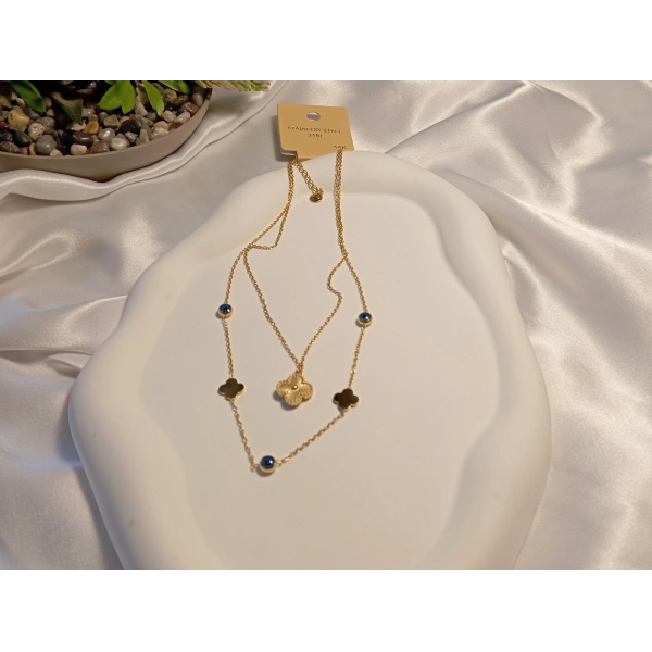 Nazar Boncuklu Küçük Yonca Figürlü 14 K Kaplama Çelik Kolye