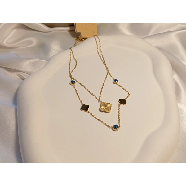 Nazar Boncuklu Küçük Yonca Figürlü 14 K Kaplama Çelik Kolye