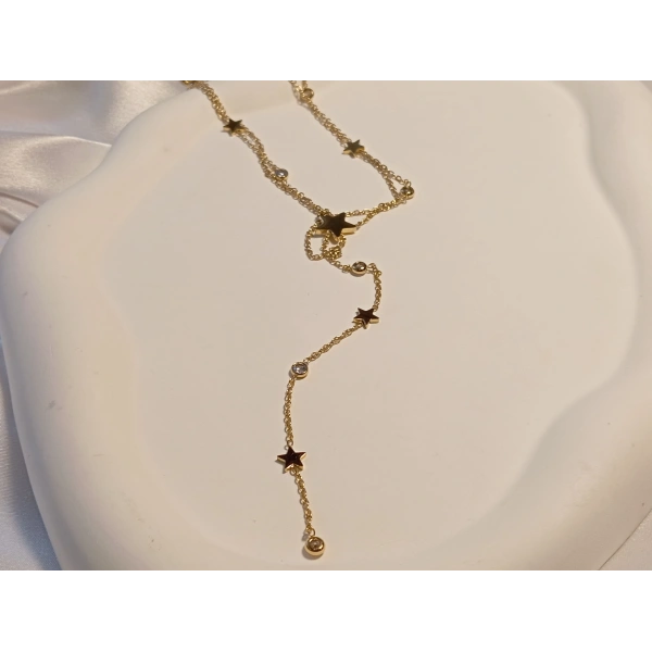 14 K Kaplama Zirkon Taşlı Yıldız Detaylı Y Kolye