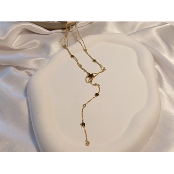 14 K Kaplama Zirkon Taşlı Yıldız Detaylı Y Kolye