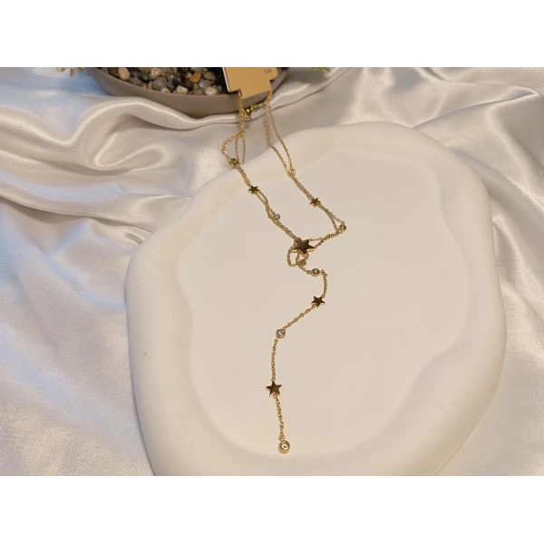 14 K Kaplama Zirkon Taşlı Yıldız Detaylı Y Kolye