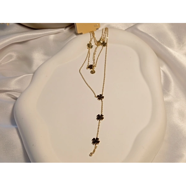 Minimal Yonca Detaylı Çelik Y Kolye