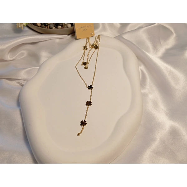 Minimal Yonca Detaylı Çelik Y Kolye