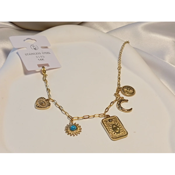 Sembol Figürlü Çelik Şans Bilekliği (Göz, Güneş, Hilal, Kalp)