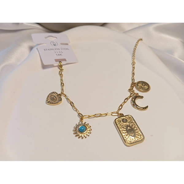 Sembol Figürlü Çelik Şans Bilekliği (Göz, Güneş, Hilal, Kalp)