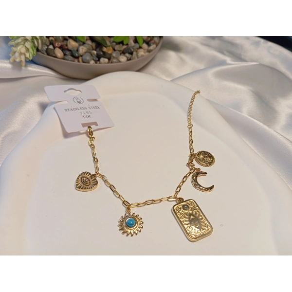 Sembol Figürlü Çelik Şans Bilekliği (Göz, Güneş, Hilal, Kalp)