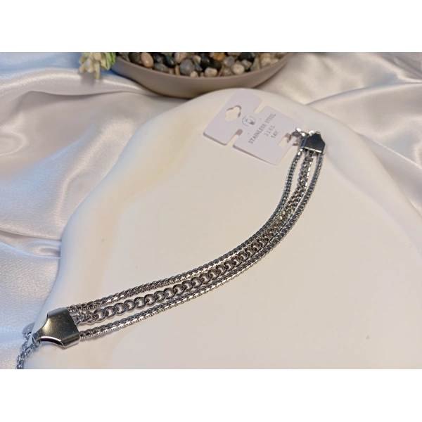 Gümüş Renk Sıralı Zincir Detay Çelik Bileklik