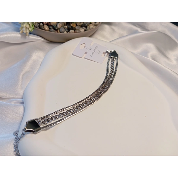 Gümüş Renk Sıralı Zincir Detay Çelik Bileklik