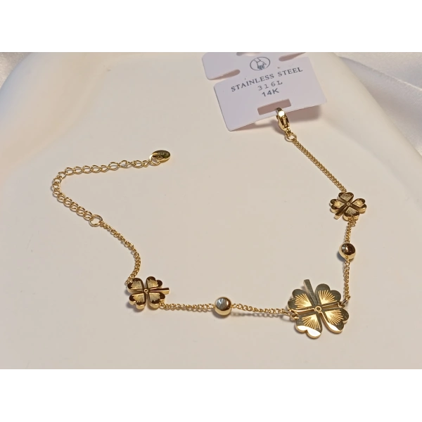 14K Altın Kaplama Çelik Üçlü Yonca Şans Bilekliği