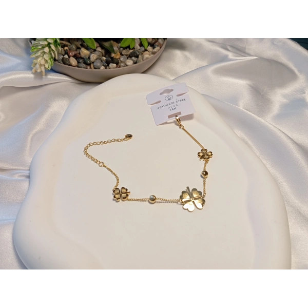 14K Altın Kaplama Çelik Üçlü Yonca Şans Bilekliği