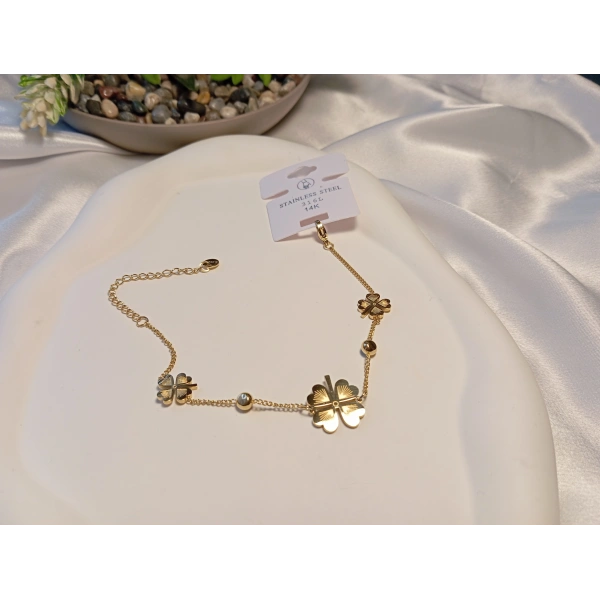 14K Altın Kaplama Çelik Üçlü Yonca Şans Bilekliği