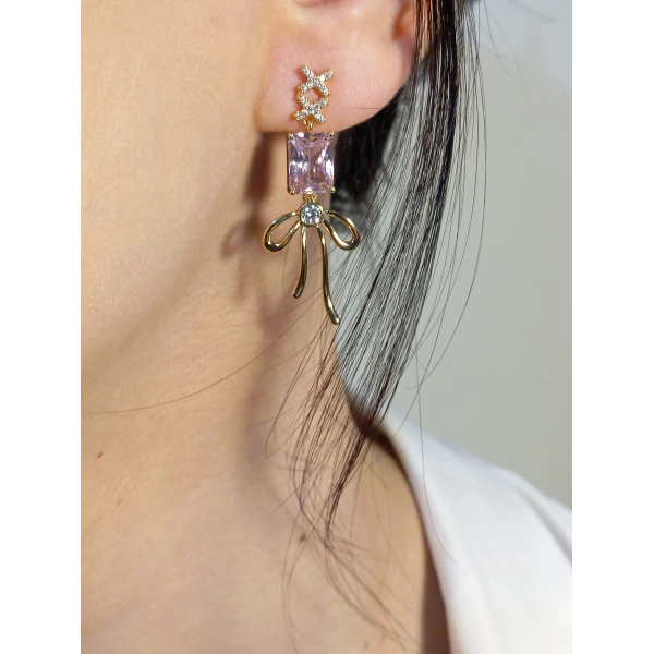 Pembe Zirkon Taş Detaylı Fiyonklu Xuping Küpe 3,5 cm