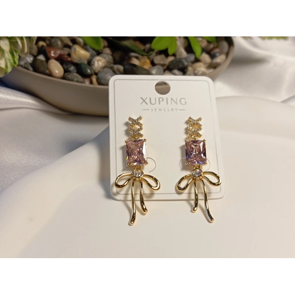 Pembe Zirkon Taş Detaylı Fiyonklu Xuping Küpe 3,5 cm