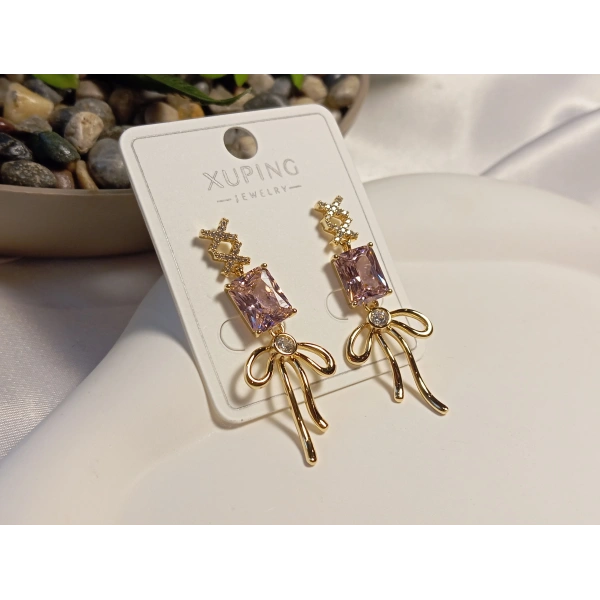 Pembe Zirkon Taş Detaylı Fiyonklu Xuping Küpe 3,5 cm