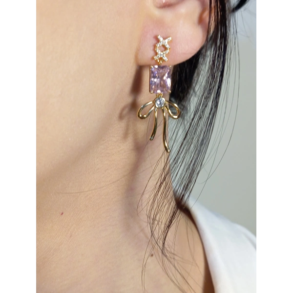 Pembe Zirkon Taş Detaylı Fiyonklu Xuping Küpe 3,5 cm