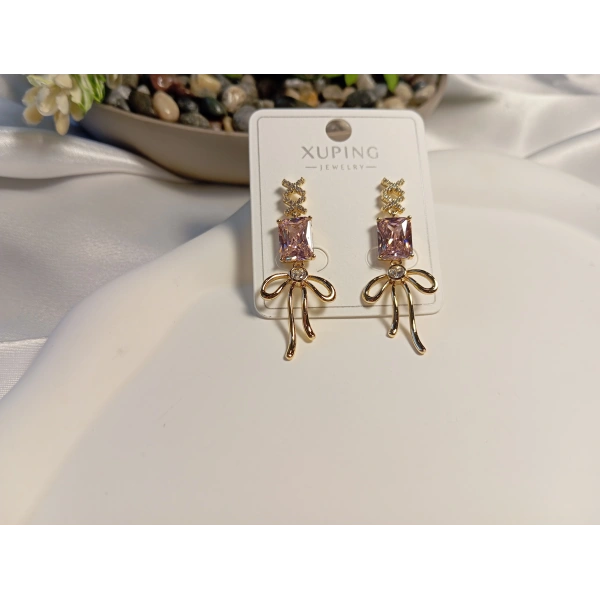 Pembe Zirkon Taş Detaylı Fiyonklu Xuping Küpe 3,5 cm