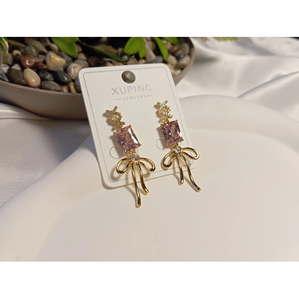 Pembe Zirkon Taş Detaylı Fiyonklu Xuping Küpe 3,5 cm