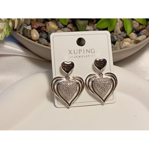 Xuping Jewelry Gümüş Kaplama Zirkon Taşlı Kalp Küpe (3 cm)