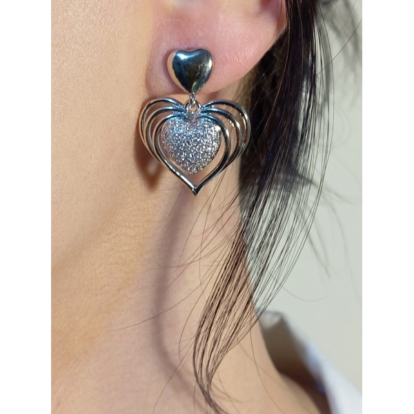 Xuping Jewelry Gümüş Kaplama Zirkon Taşlı Kalp Küpe (3 cm)