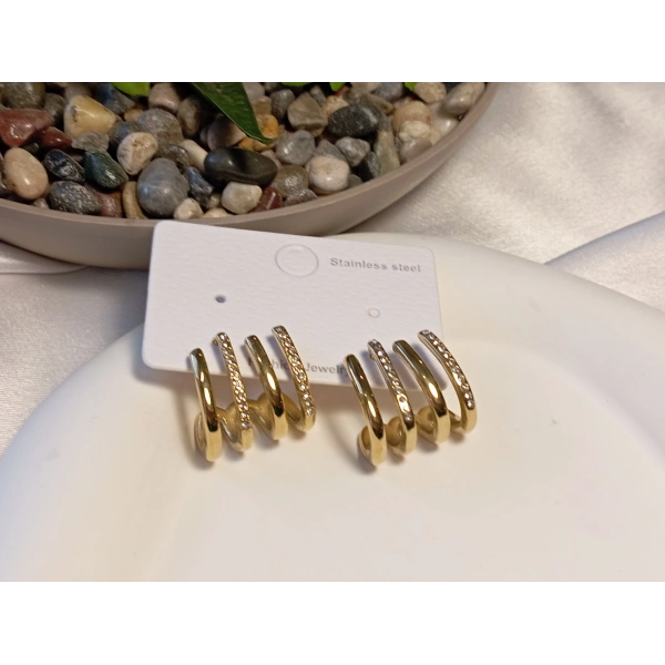 4 Sıralı Gold Çelik Küpe - Zirkon Taş Detaylı Kaburga Model