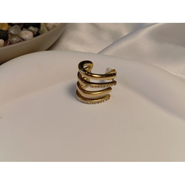 4 Sıralı Gold Çelik Küpe - Zirkon Taş Detaylı Kaburga Model