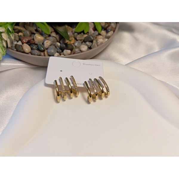 4 Sıralı Gold Çelik Küpe - Zirkon Taş Detaylı Kaburga Model