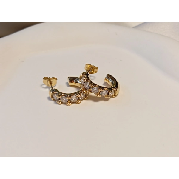 316L Paslanmaz Çelik Gold Renk Zirkon Taşlı Yarım Halka Küpe (1,5 cm)