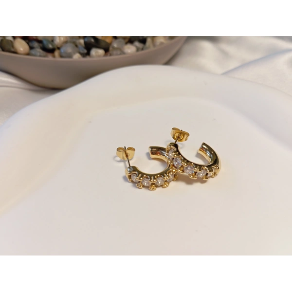 316L Paslanmaz Çelik Gold Renk Zirkon Taşlı Yarım Halka Küpe (1,5 cm)