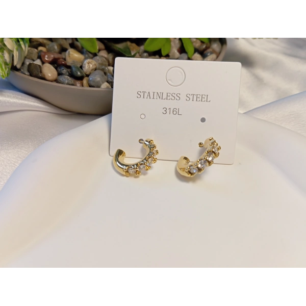 316L Paslanmaz Çelik Gold Renk Zirkon Taşlı Yarım Halka Küpe (1,5 cm)