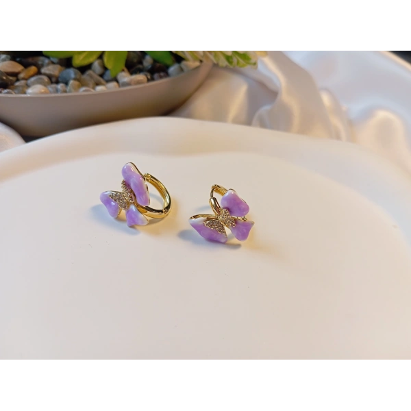 Xuping Gold Lüks Kaplama Mor Emaye Kelebek Halka Küpe - 1,5 cm (Zirkon Taşlı Detaylı)