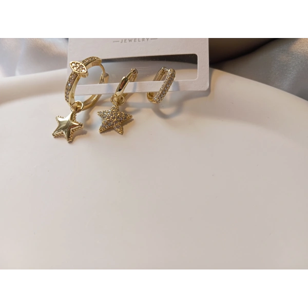 Xuping Gold Lüks Kaplama Üçlü Yıldız Kombin Küpe Seti - 1 cm