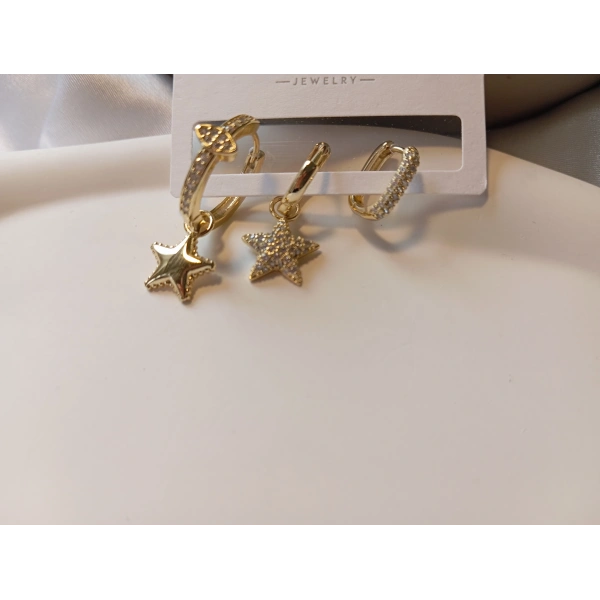 Xuping Gold Lüks Kaplama Üçlü Yıldız Kombin Küpe Seti - 1 cm