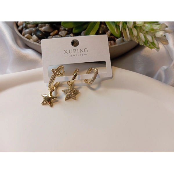 Xuping Gold Lüks Kaplama Üçlü Yıldız Kombin Küpe Seti - 1 cm