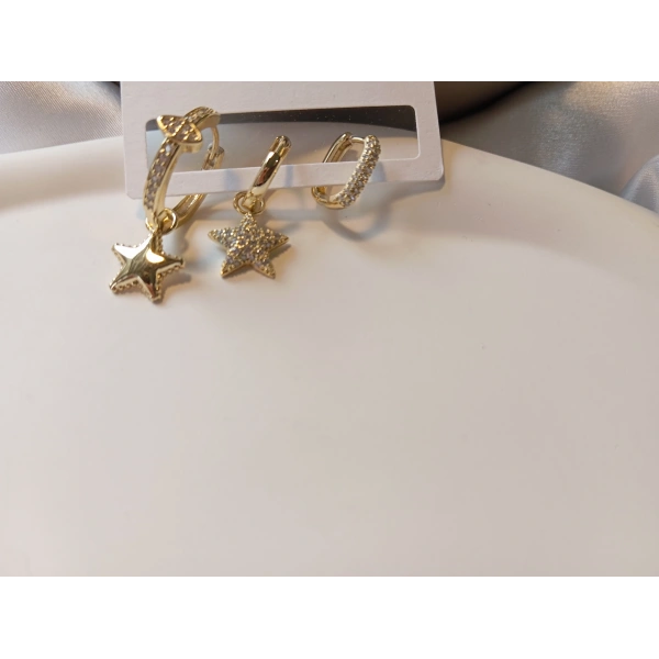 Xuping Gold Lüks Kaplama Üçlü Yıldız Kombin Küpe Seti - 1 cm