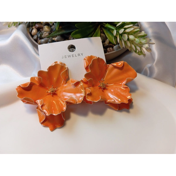 Turuncu Emaye İşlemeli Büyük Çiçek Tasarım Bijuteri Küpe (5,5 cm)