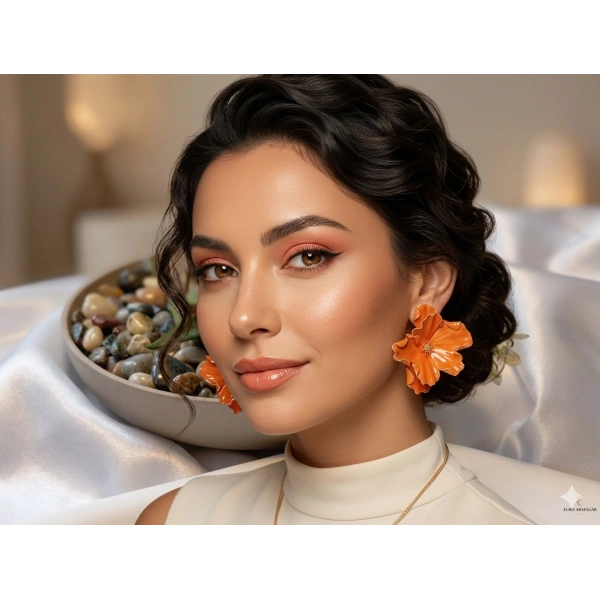 Turuncu Emaye İşlemeli Büyük Çiçek Tasarım Bijuteri Küpe (5,5 cm)